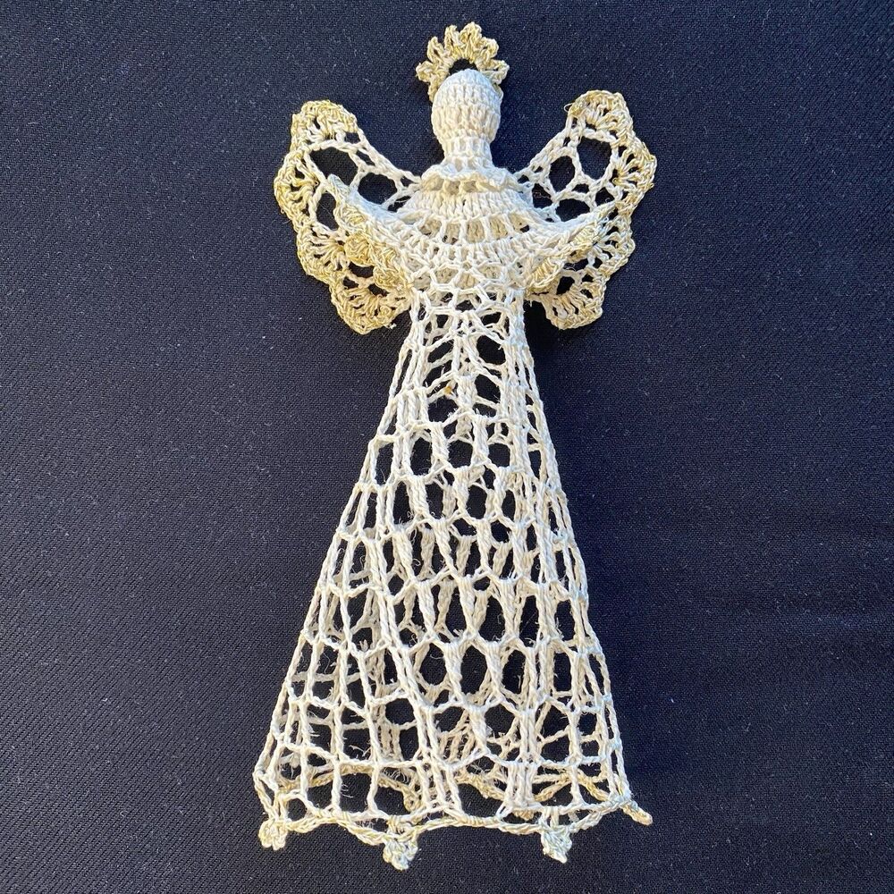 Vintage Starched Ivory Crochet Christmas Angel. Tree Topper. Decor. 5”x10” USA.